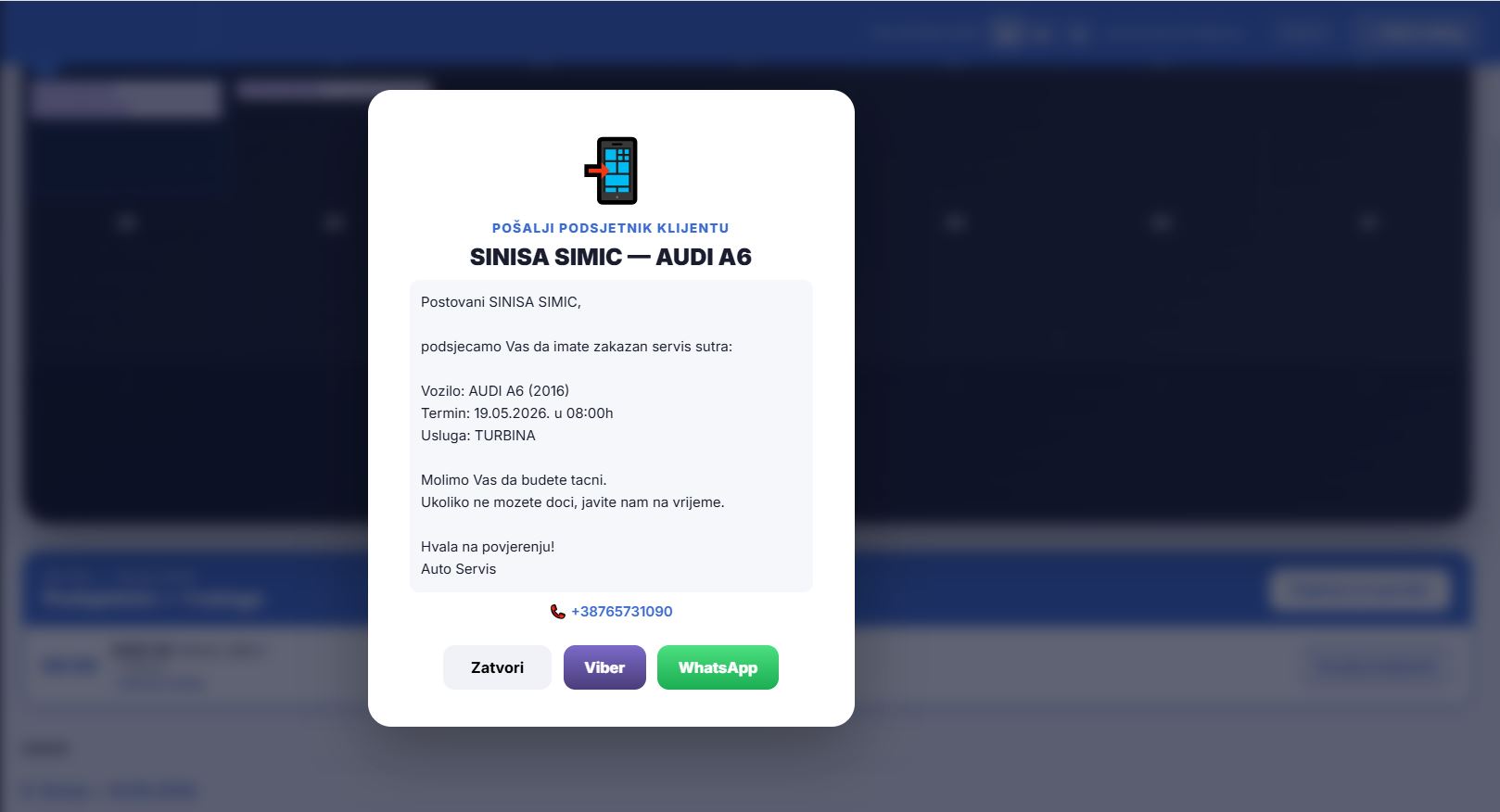AutoServis PRO - Viber i WhatsApp obavijest komitentu