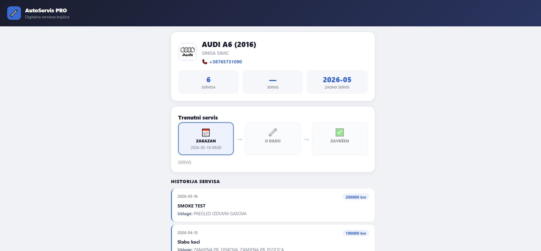 QR portal za komitente auto servisa